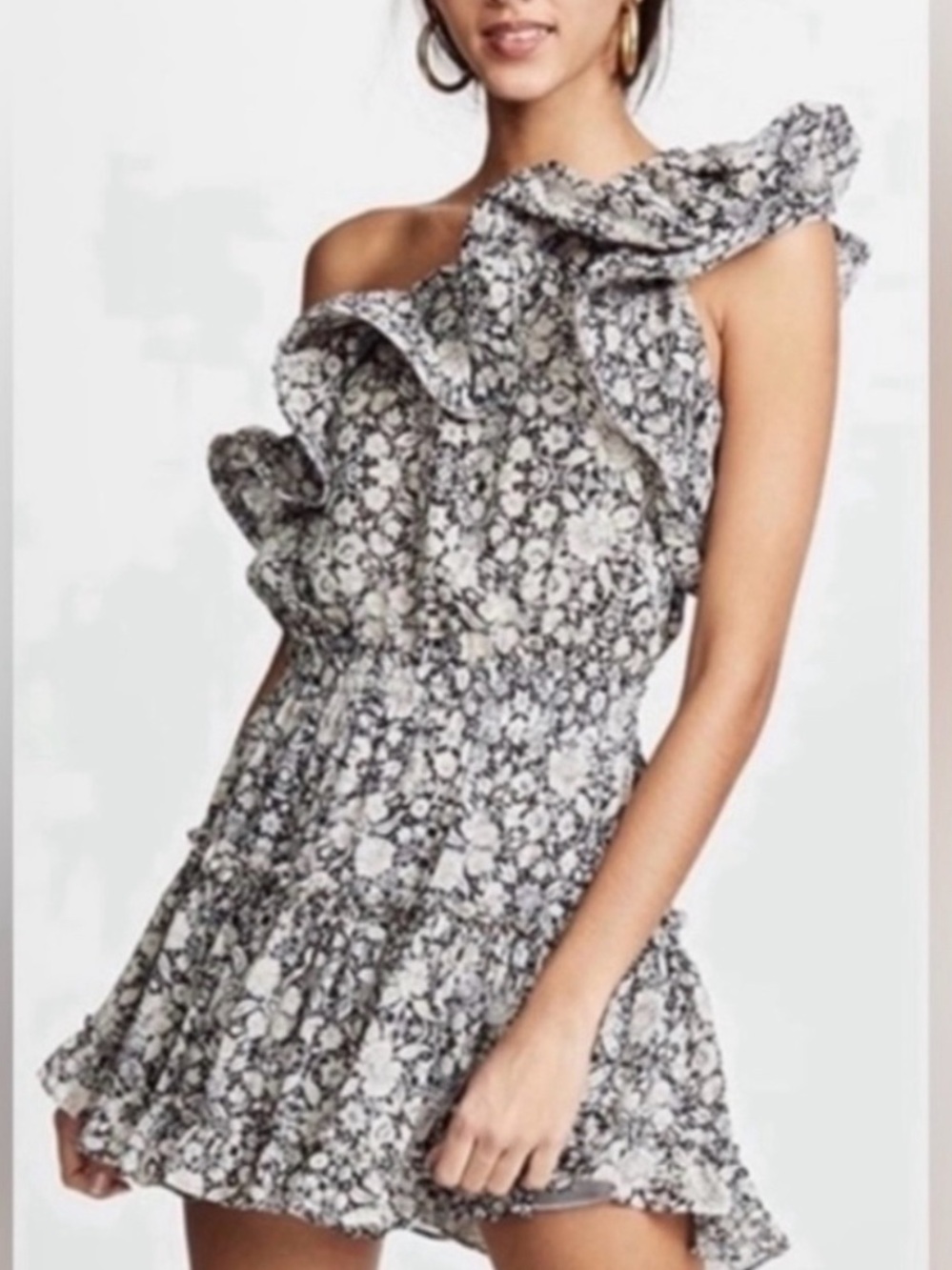 MISA Josephine Ruffled One-Shoulder Floral Mini Dress - Black & White